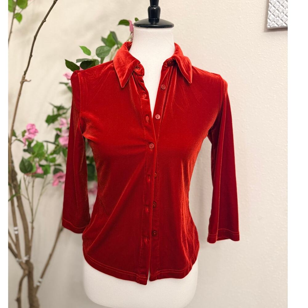 Vintage Red Velvet Button Up Top Size 4 Stretch Fitted Y2K Blouse